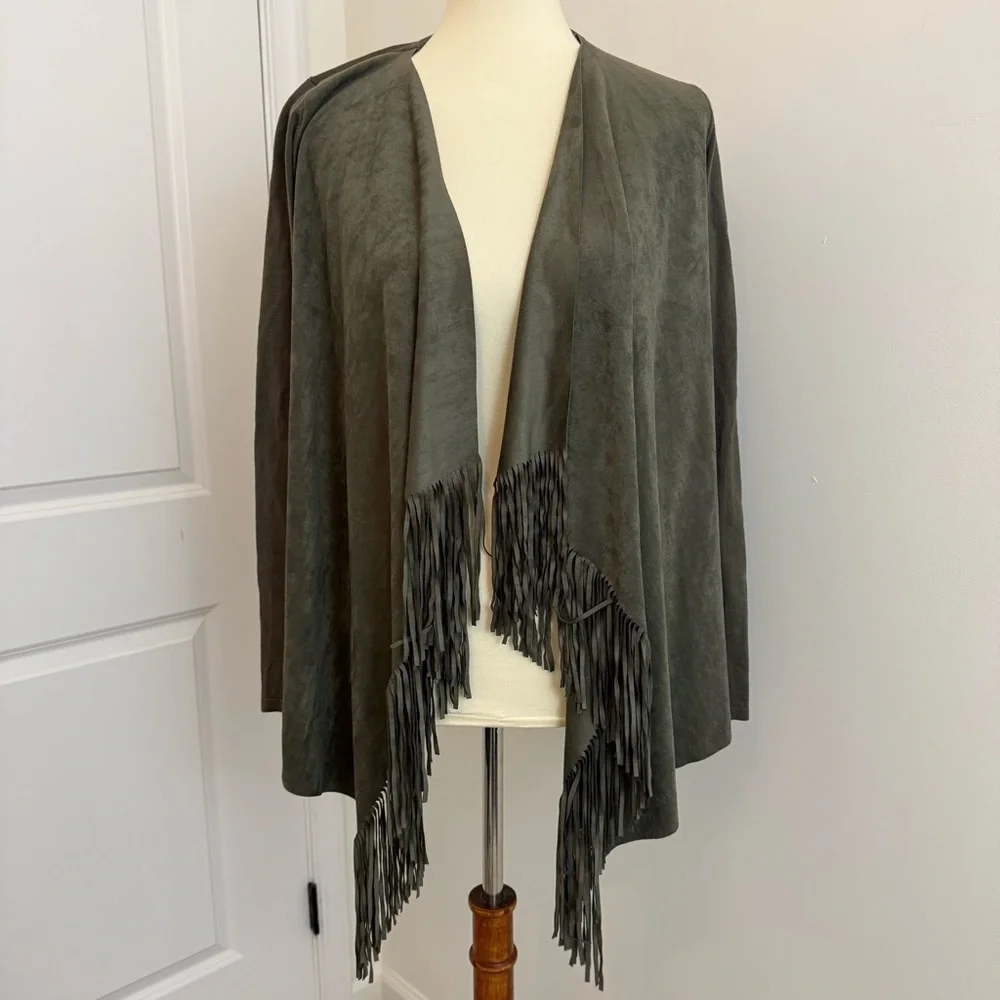 INC Olive Green Fringe Front‎ Knit Long Sleeve Cardigan Sweater Size S Western